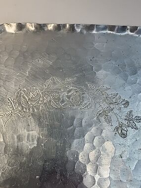 Hammered Metal Serving Tray with Floral Engraving - Silver Tone